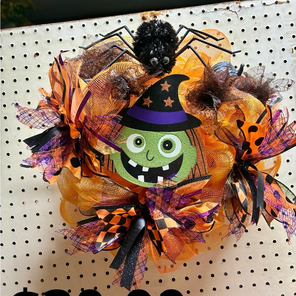 Spooky Witch and Spider Halloween Wreath - Orange and Black